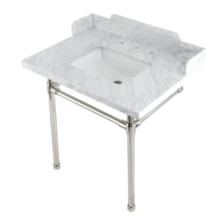 Kingston Brass 30 Carrara Marble Console Sink with Stainless Steel Legs, Marble WhitePolished Nickel LMS30M8SQ6ST